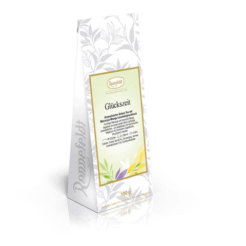Glückszeit Tee von Ronnefeldt, ein aromatisierter Grüner Tee mit Maracuja-, Mango- und Lavendel-Geschmack