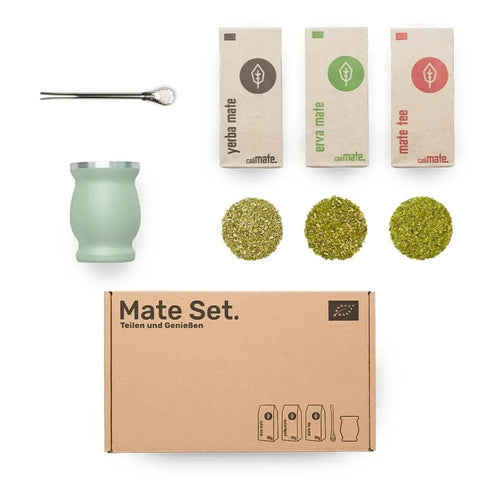Mate Set von Caámate im Geschenkkarton mit Mate Tee, Erva Mate, Yerba Mate, Bombilla und Mate Becher aus Edelstahl in Mint