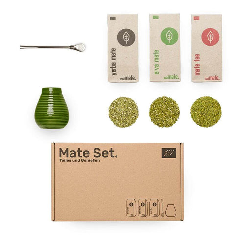 Mate Set von Caámate im Geschenkkarton mit Mate Tee, Erva Mate, Yerba Mate, Bombilla und Mate Becher aus Keramik in Grün