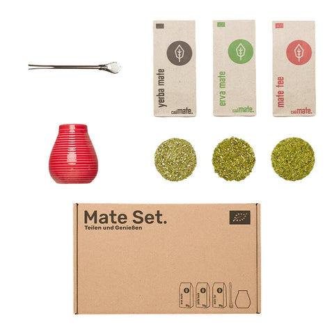 Mate Set von Caámate im Geschenkkarton mit Mate Tee, Erva Mate, Yerba Mate, Bombilla und Mate Becher aus Keramik in Rot