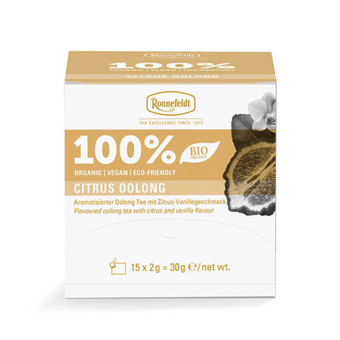 Ronnefeldt 100% Citrus Oolong – aromatisierter Oolong Tee im Teebeutel mit Zitrus-Vanille-Geschmack in Bio-Qualität in der Verpackung