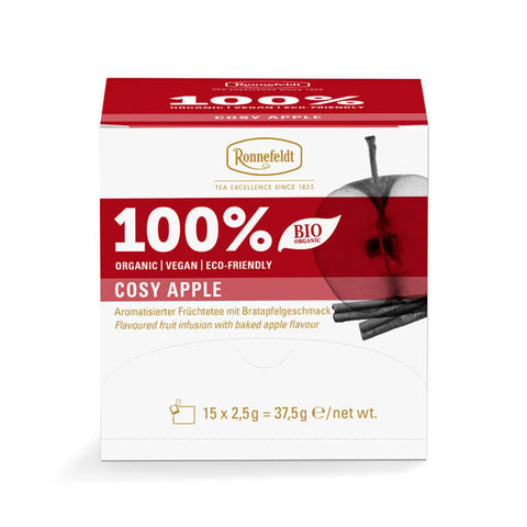Ronnefeldt 100% Cosy Apple – aromatisierter Früchtetee im Teebeutel mit Bratapfel-Geschmack in Bio-Qualität in der Verpackung