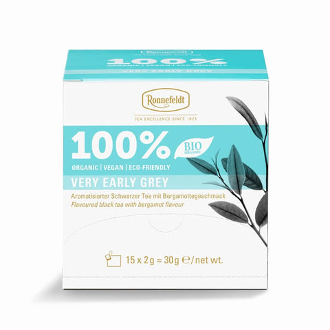 Ronnefeldt 100% Very Early Grey – Aromatisierter Schwarzer Tee (Earl Grey) im Teebeutel in Bio-Qualität in der Verpackung
