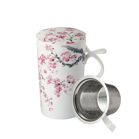 Tea Mug Sakura mit Edelstahl-Teesieb und Deckel, einem Kirschblütenmotiv und einem Fassungsvermögen von 400 ml von Cha Cult