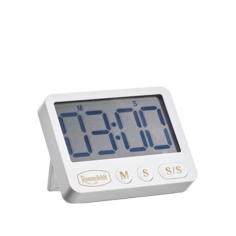 Digitaler Tea Timer, weiß  mit goldener Schrift und Ronnefeldt-Logo, mit Magnet, Standfuß und Knopzellen-Batterie für die perfekte Tee-Ziehzeit