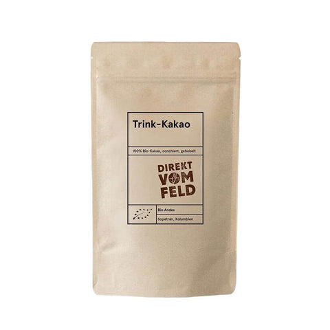 Trinkkakao 100 g von Direkt vom Feld aus naturbelassenen Kakaobohnen ohne Schale, schonend conchiert für einen zarten Schmelz und ohne Zusatz von Zucker oder Aromastoffen